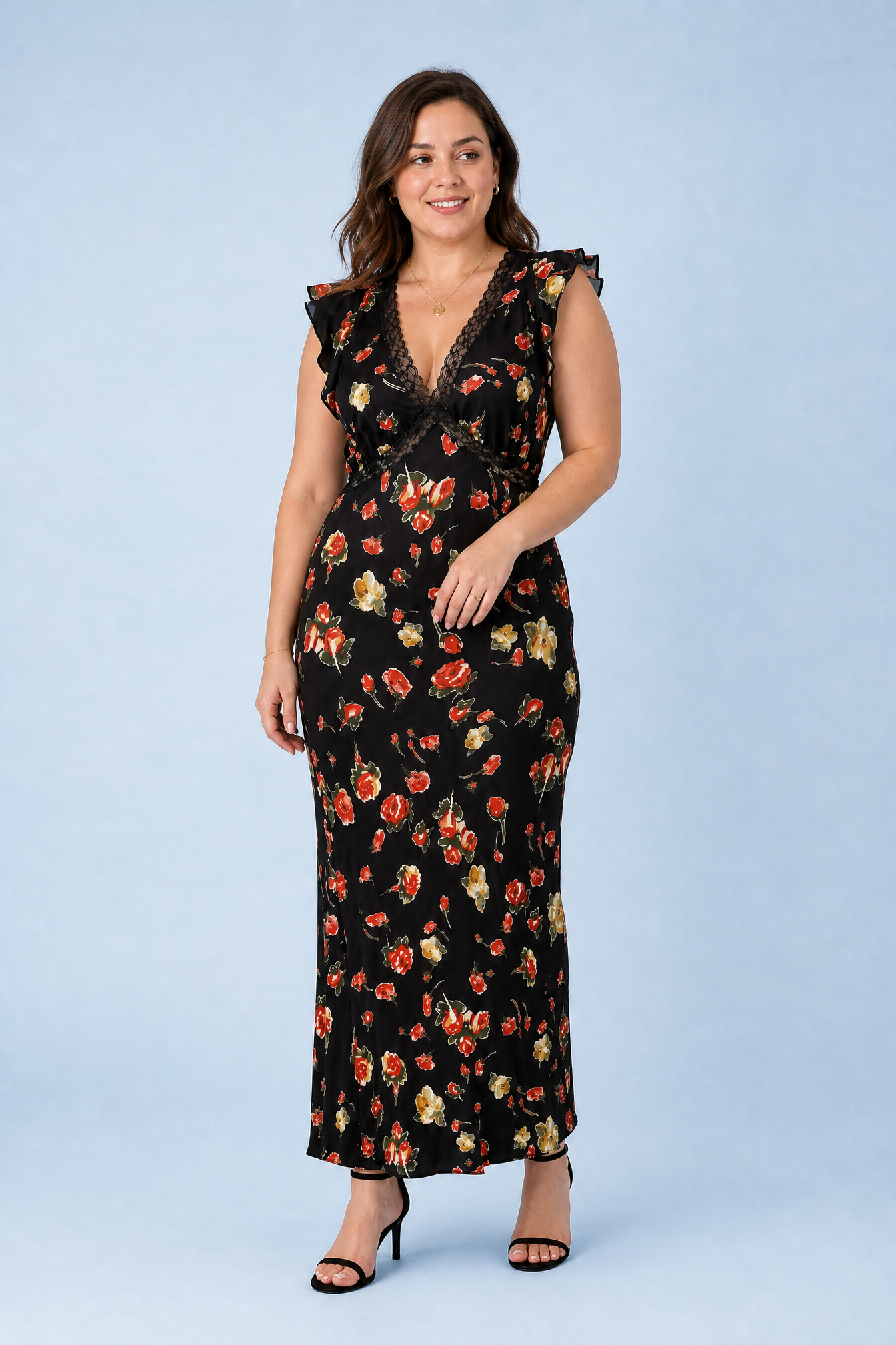 Robe noire florale à volants | Porté sur une autre silhouette | Lounelle Paris