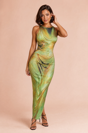 Robe verte imprimée sans manches | Vue de face | Lounelle Paris