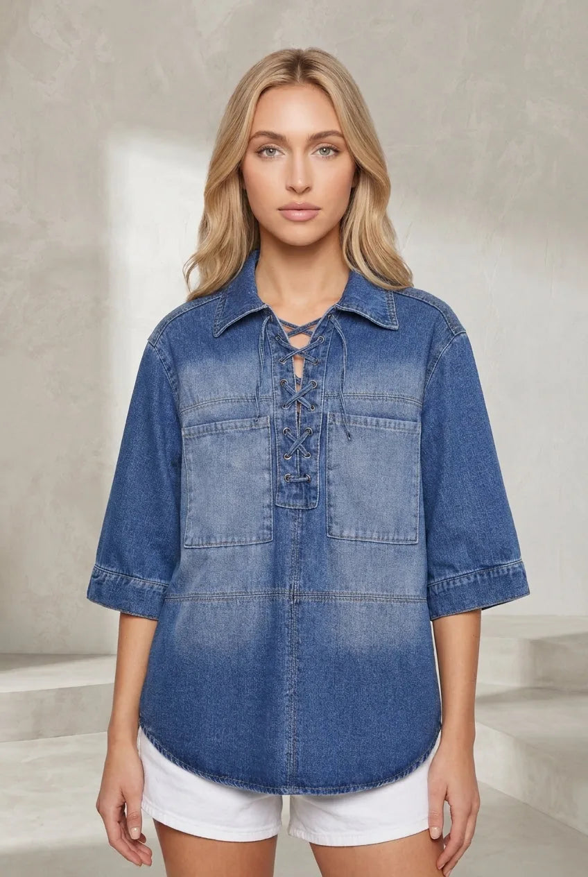 Chemise bleue ample à lacets | Lounelle Paris