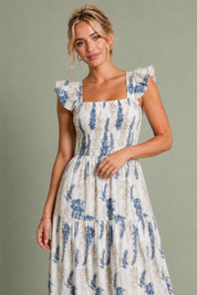 Robe longue écru imprimé floral encolure carrée | Vue rapprochée | Lounelle Paris