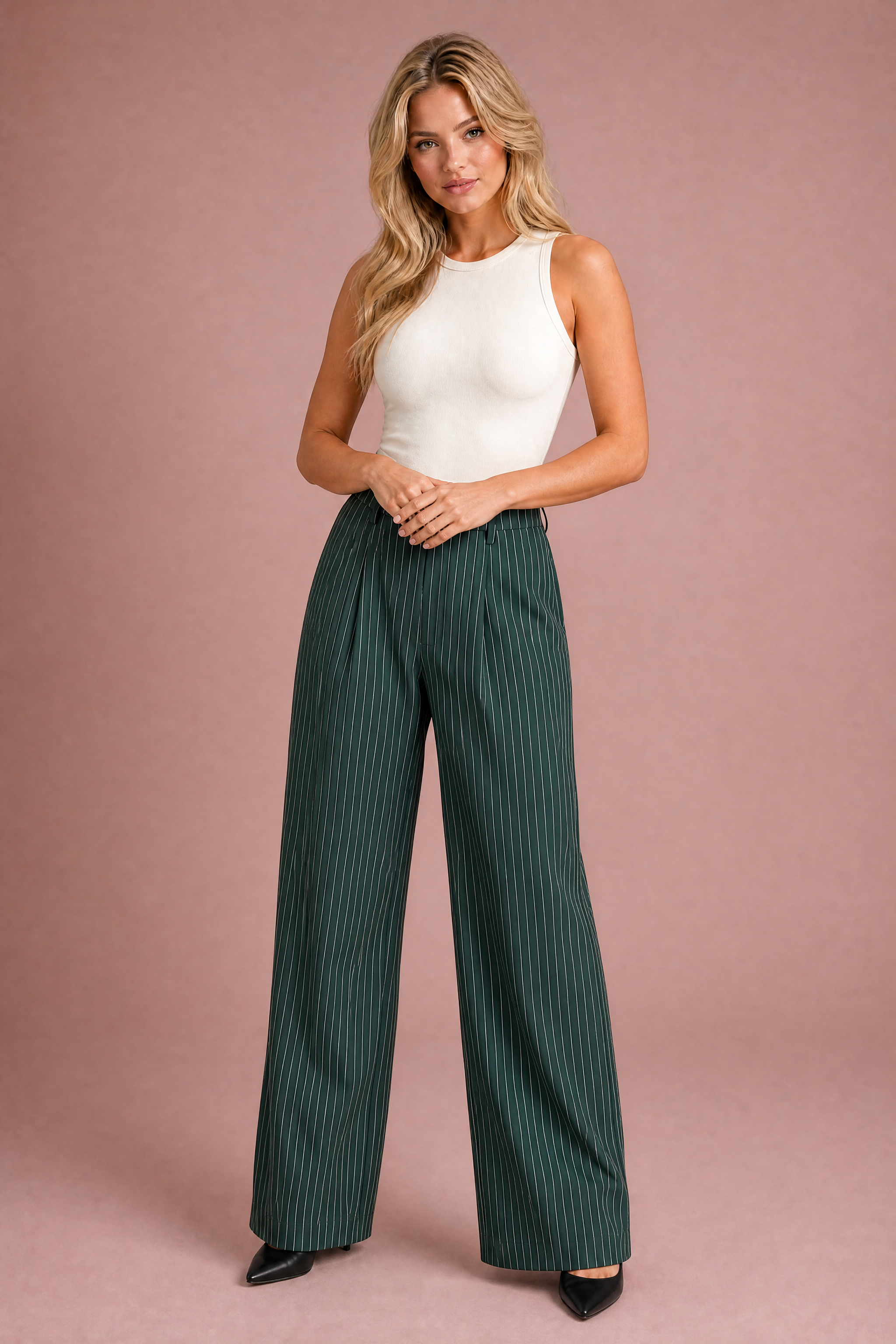 Pantalon large rayé taille haute | Variante Vert | Lounelle Paris