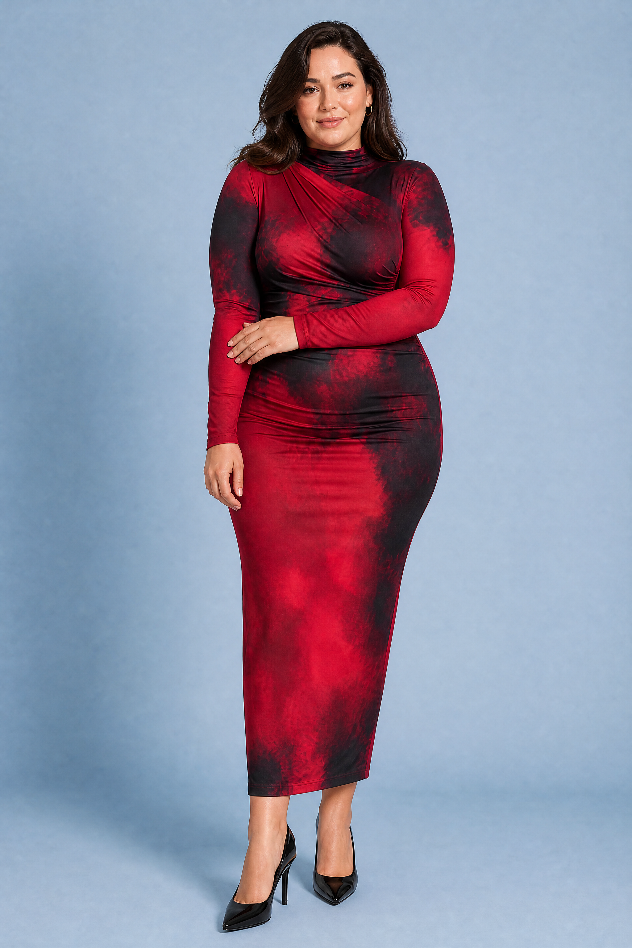 Robe longue rouge moulante | Porté sur une silhouette plus ronde | Lounelle Paris