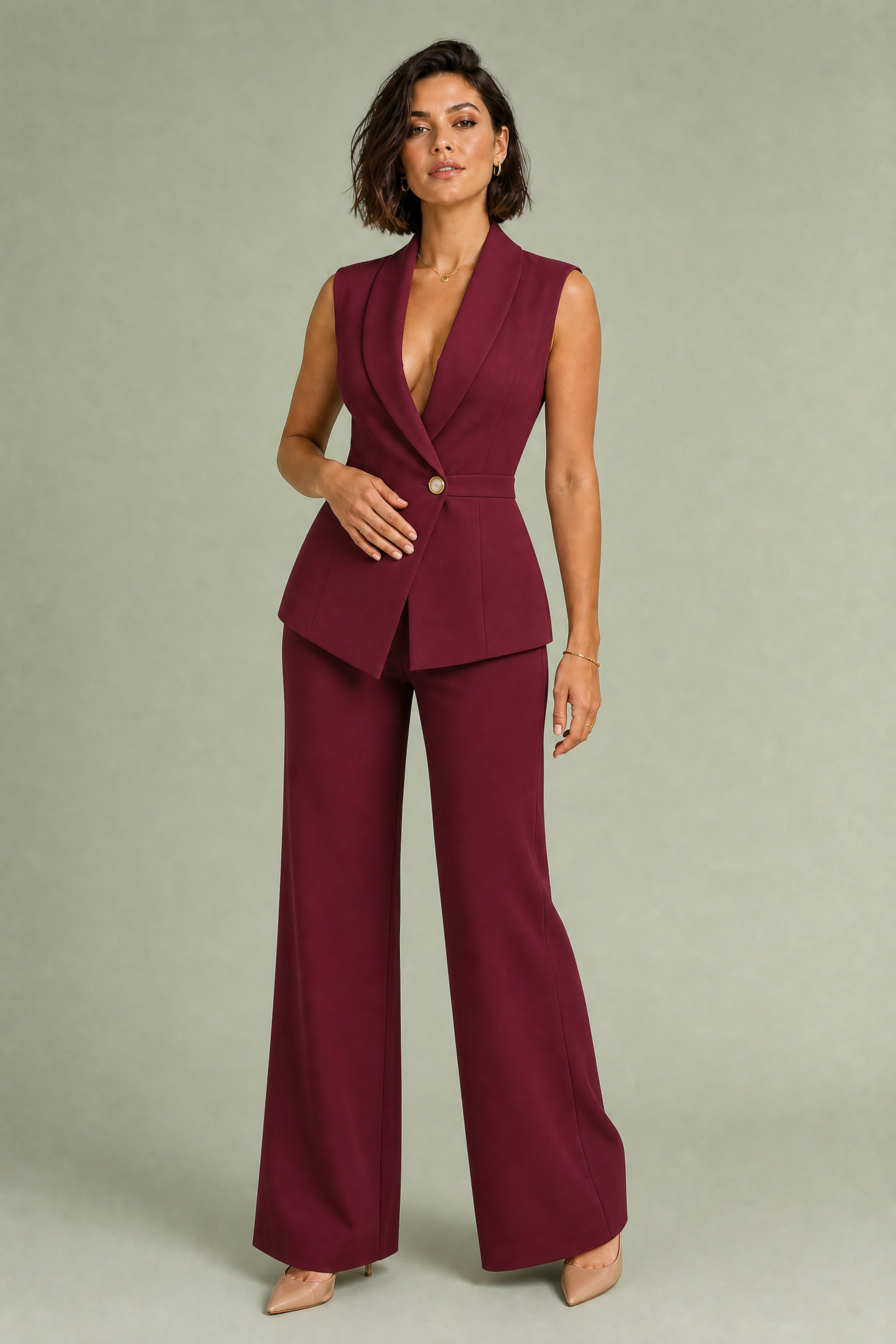 Ensemble gilet croisé pantalon large | Variante Bordeaux | Lounelle Paris