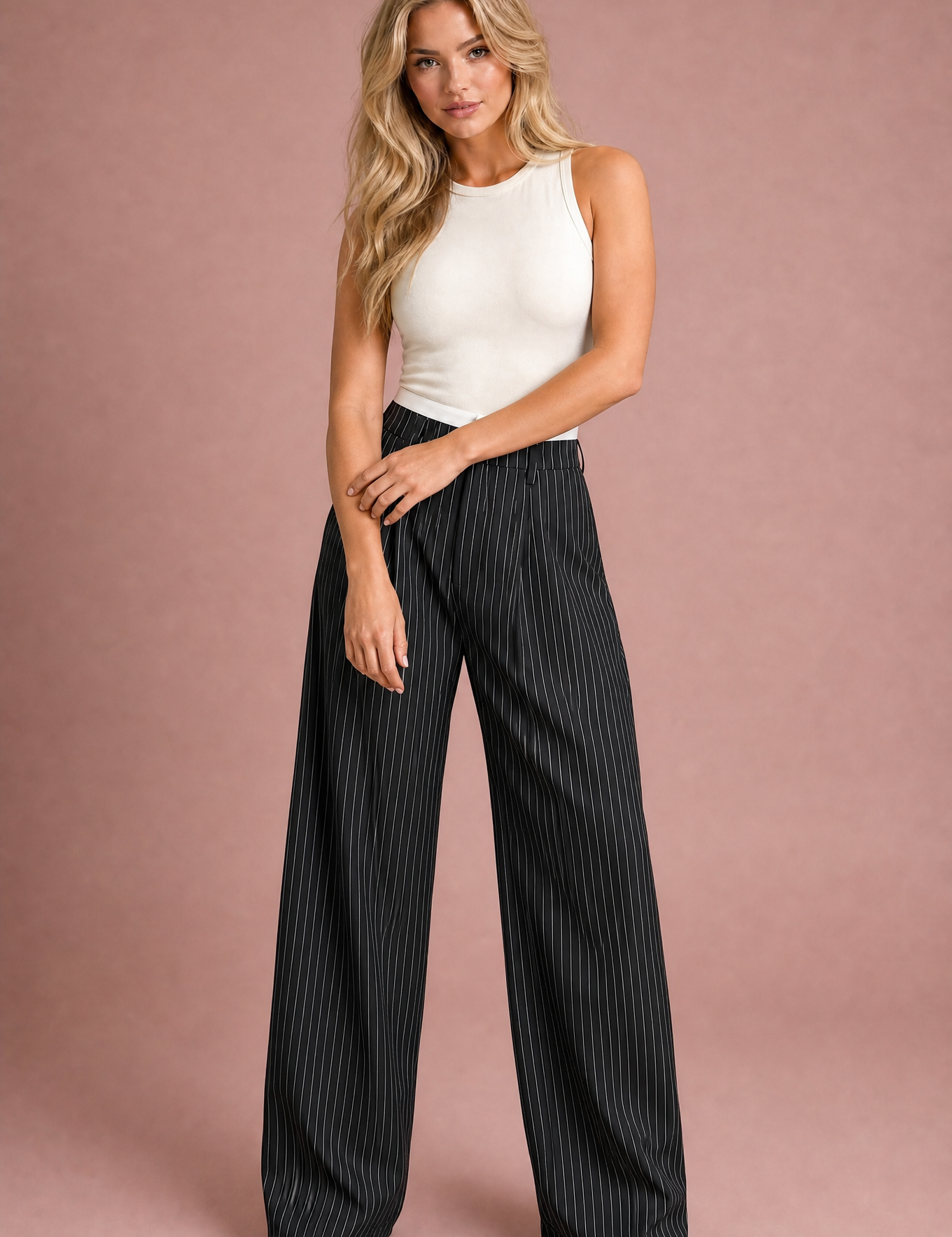 Pantalon large rayé taille haute | Variante Noir | Lounelle Paris
