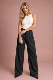 Pantalon large rayé taille haute | Variante Noir | Lounelle Paris