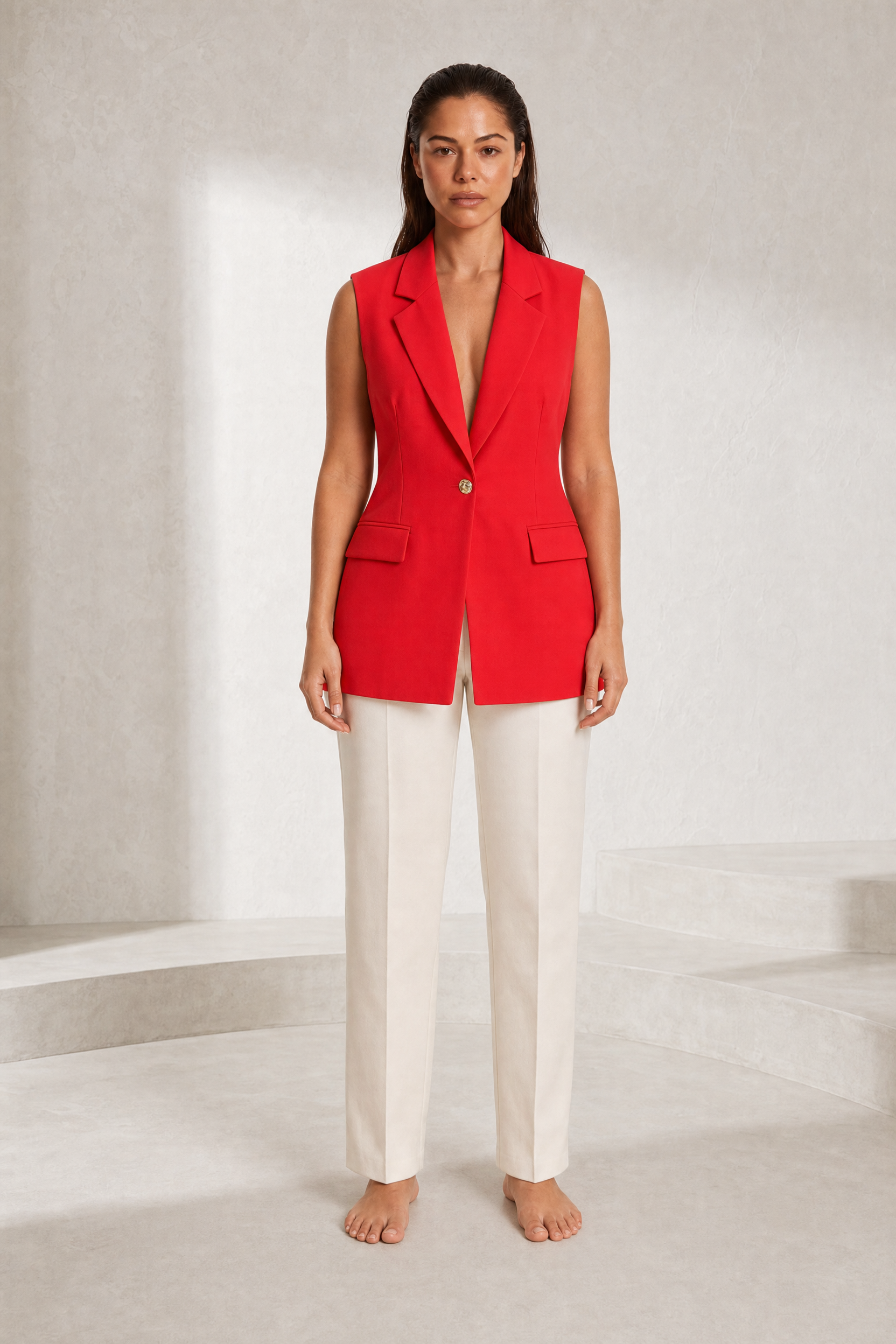 Gilet long style tailleur col en V | Lounelle Paris