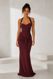 Robe longue licou dos nu laçage variante bordeaux