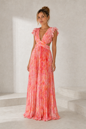 Robe longue imprimée dos lacé vue de face - Lounelle Paris