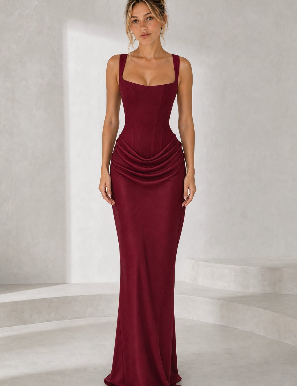 Robe longue encolure carrée drapée variante bordeaux