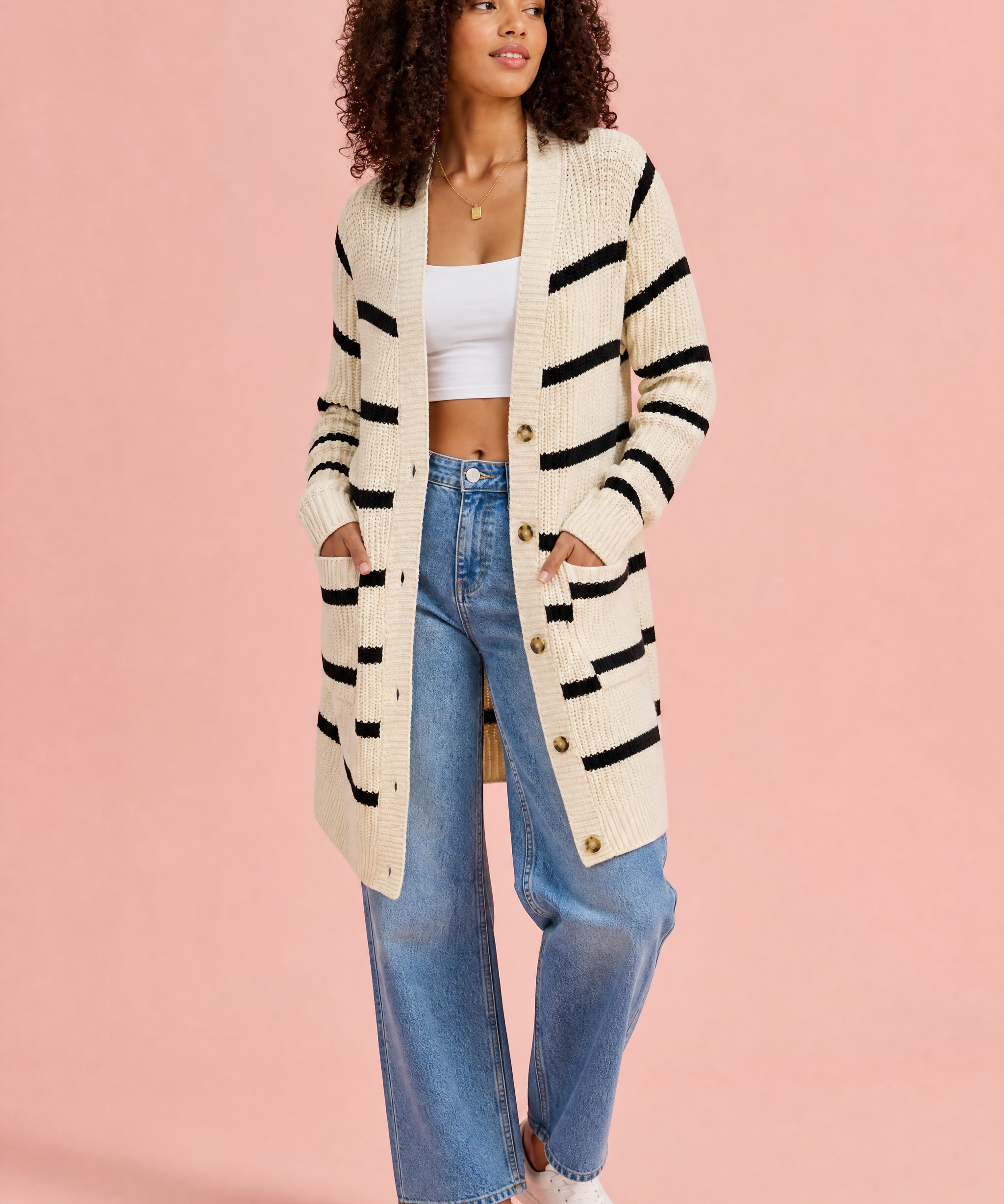 Gilet abricot rayé mi-long | Vue de face | Lounelle Paris