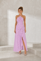 Abito lungo con collo halter e volant