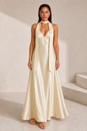Robe champagne satinée dos nu | Lounelle Paris