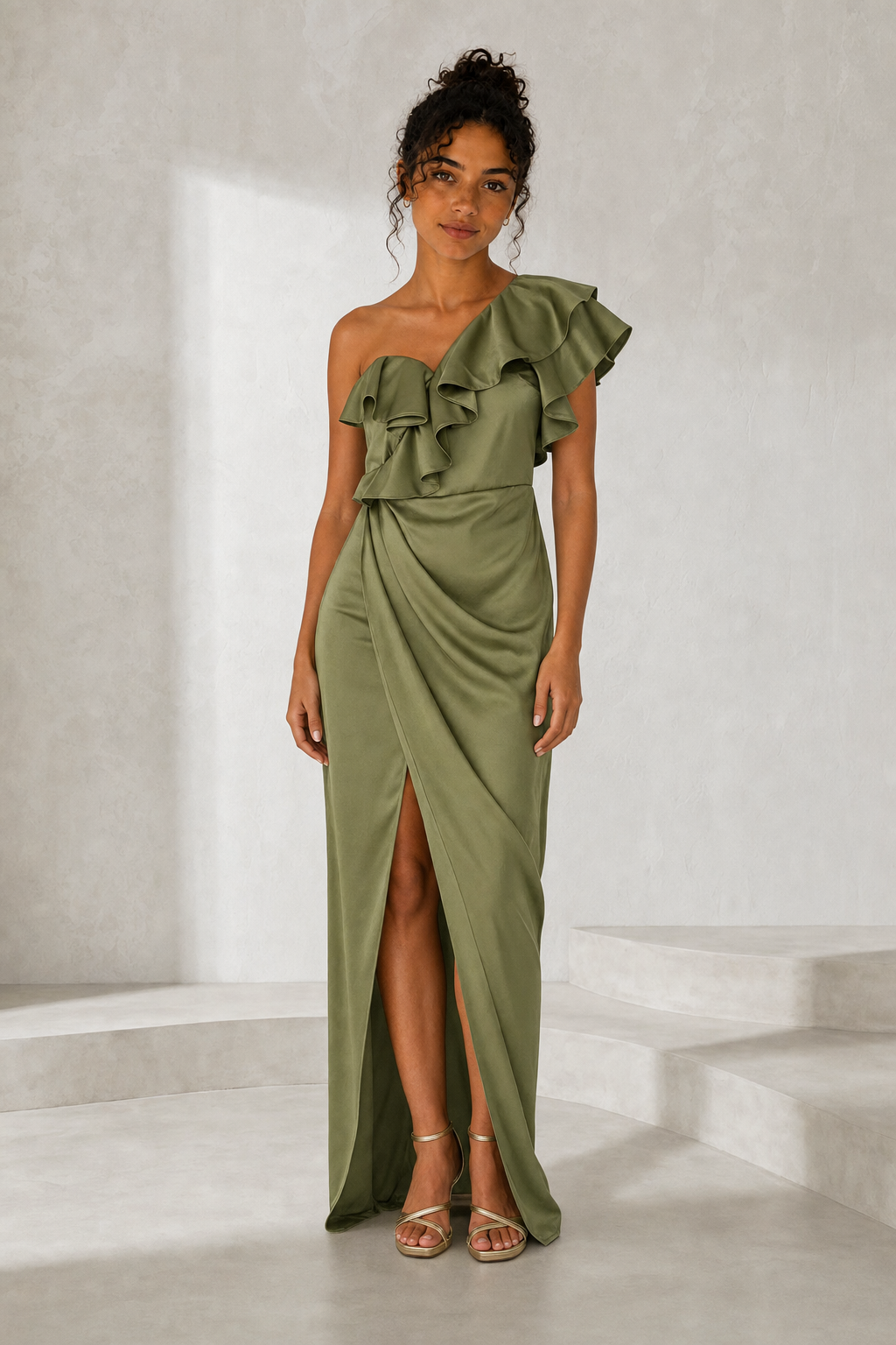Robe longue satinée asymétrique variante vert