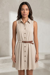 Robe beige col chemise ceinturée | Lounelle Paris