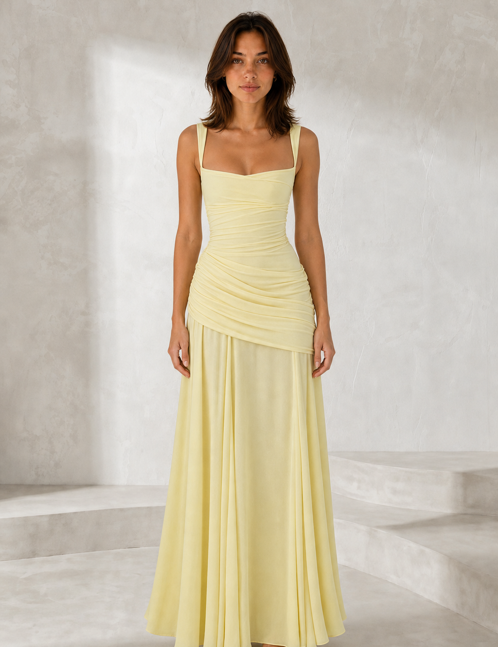 Robe longue dos nu drapée variante jaune
