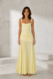Robe longue dos nu drapée variante jaune