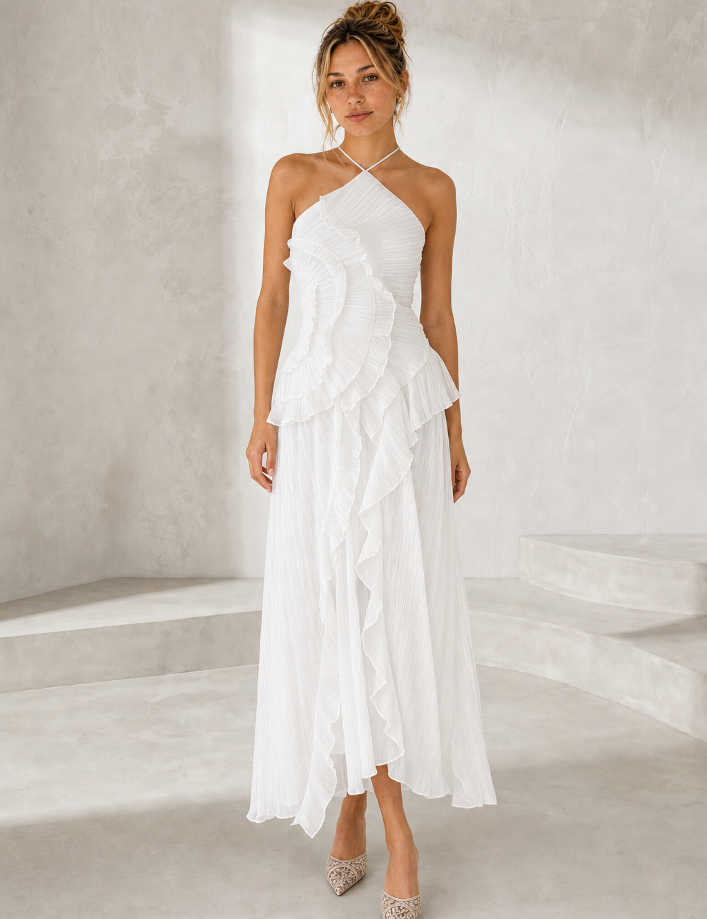 Robe longue col halter à volants variante blanc