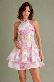 Robe fleurie col halter dos nu | Vue rapprochée | Lounelle Paris