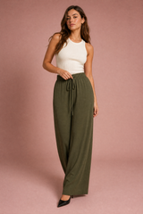 Pantalone fluido a vita larga con cordino