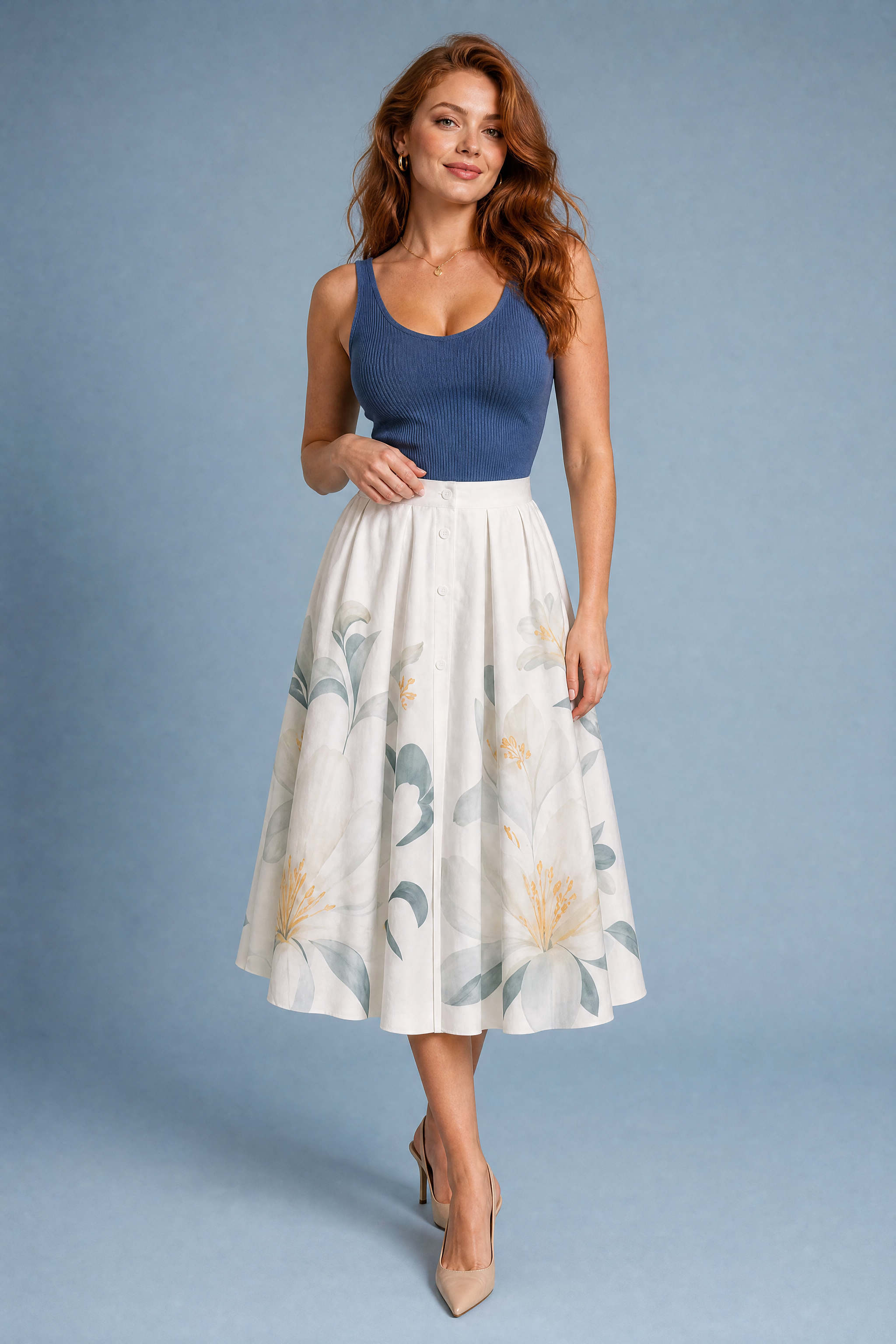 Jupe midi beige fleurie taille haute | Vue de face | Lounelle Paris