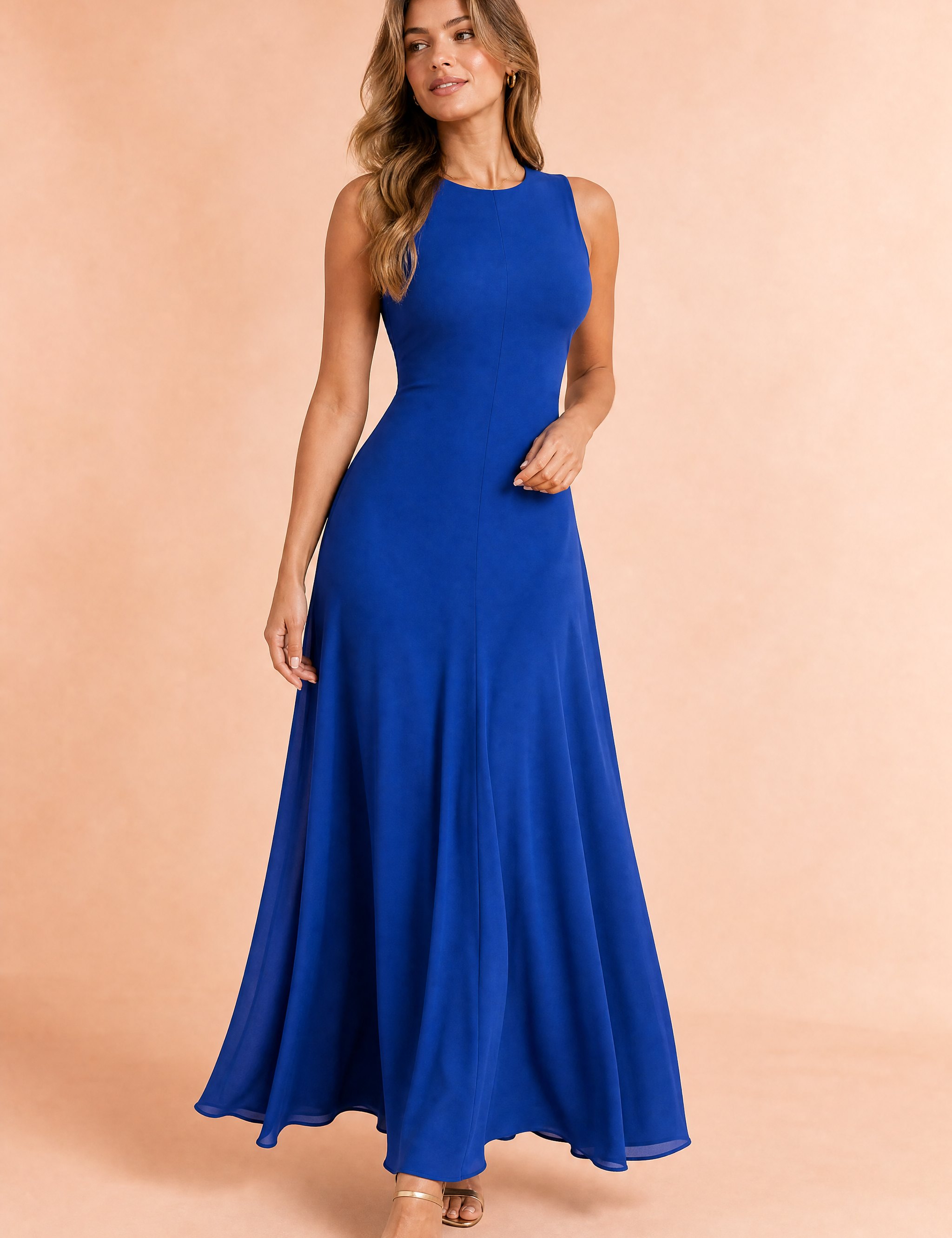 Robe longue bleue fluide sans manches | Vue de face | Lounelle Paris