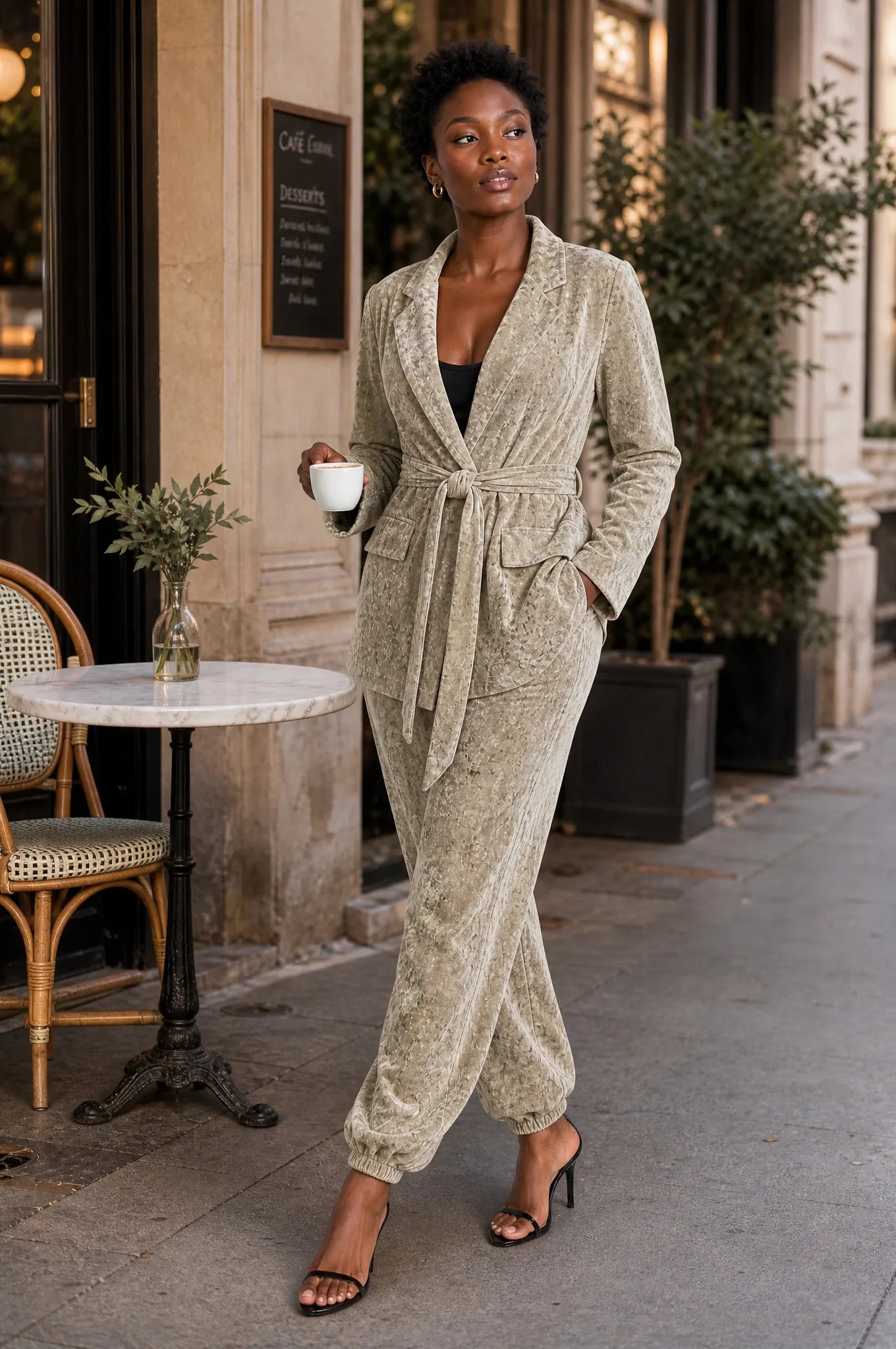 Ensemble beige en velours ceinturé | Photo lifestyle | Lounelle Paris