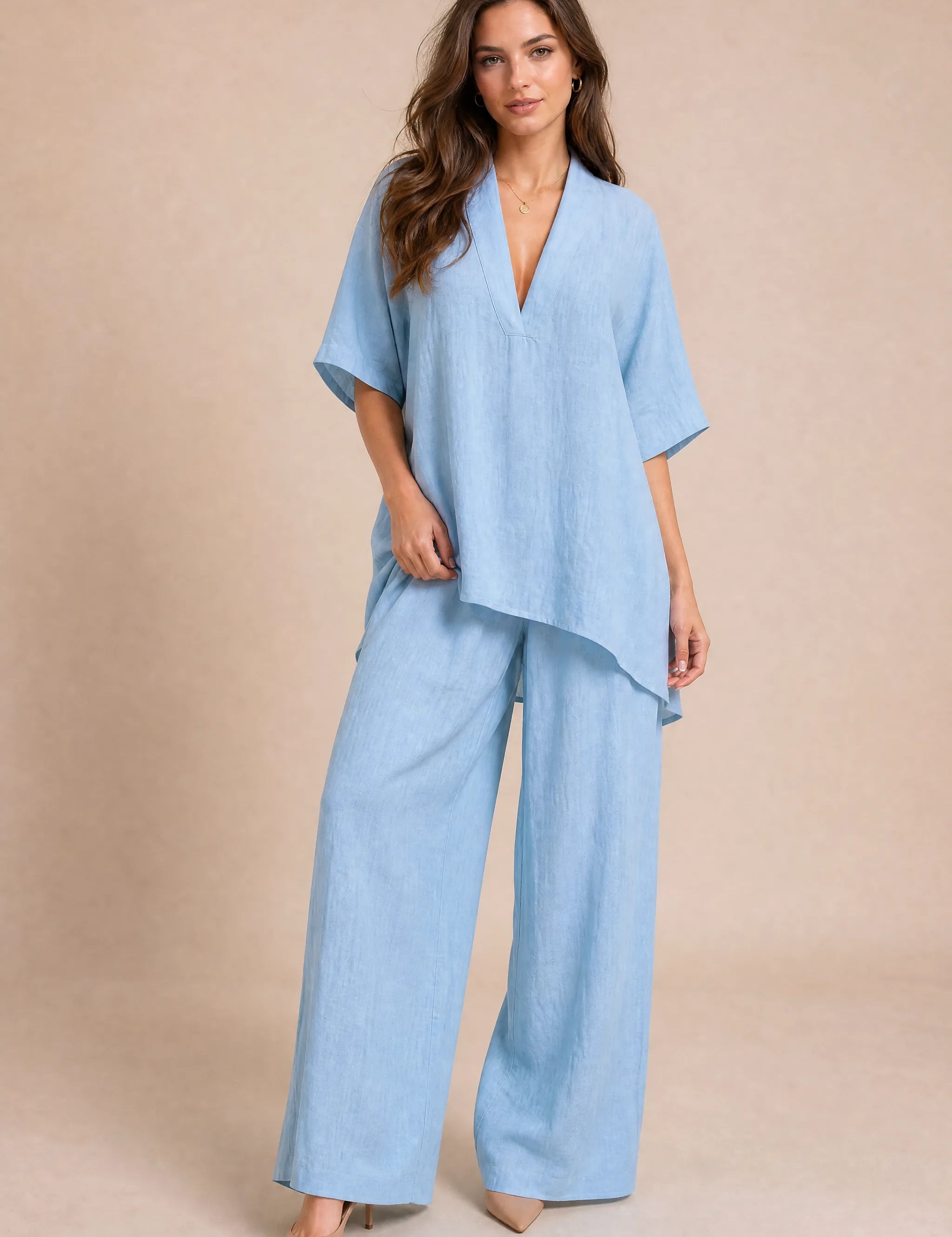 Ensemble pantalon ample col V | Vue de face | Lounelle Paris