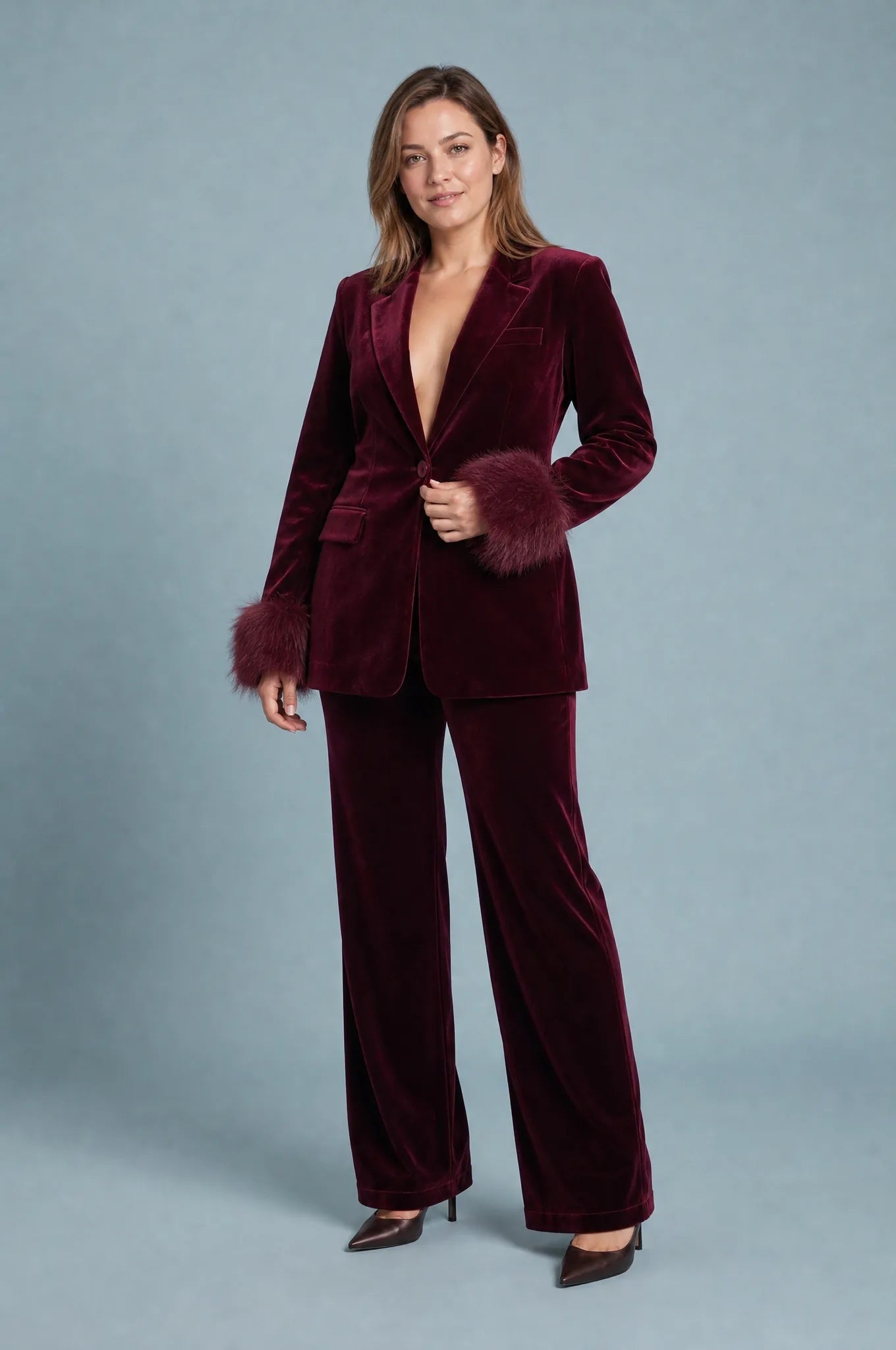 Ensemble velours bordeaux pantalon large | Porté sur une autre silhouette | Lounelle Paris