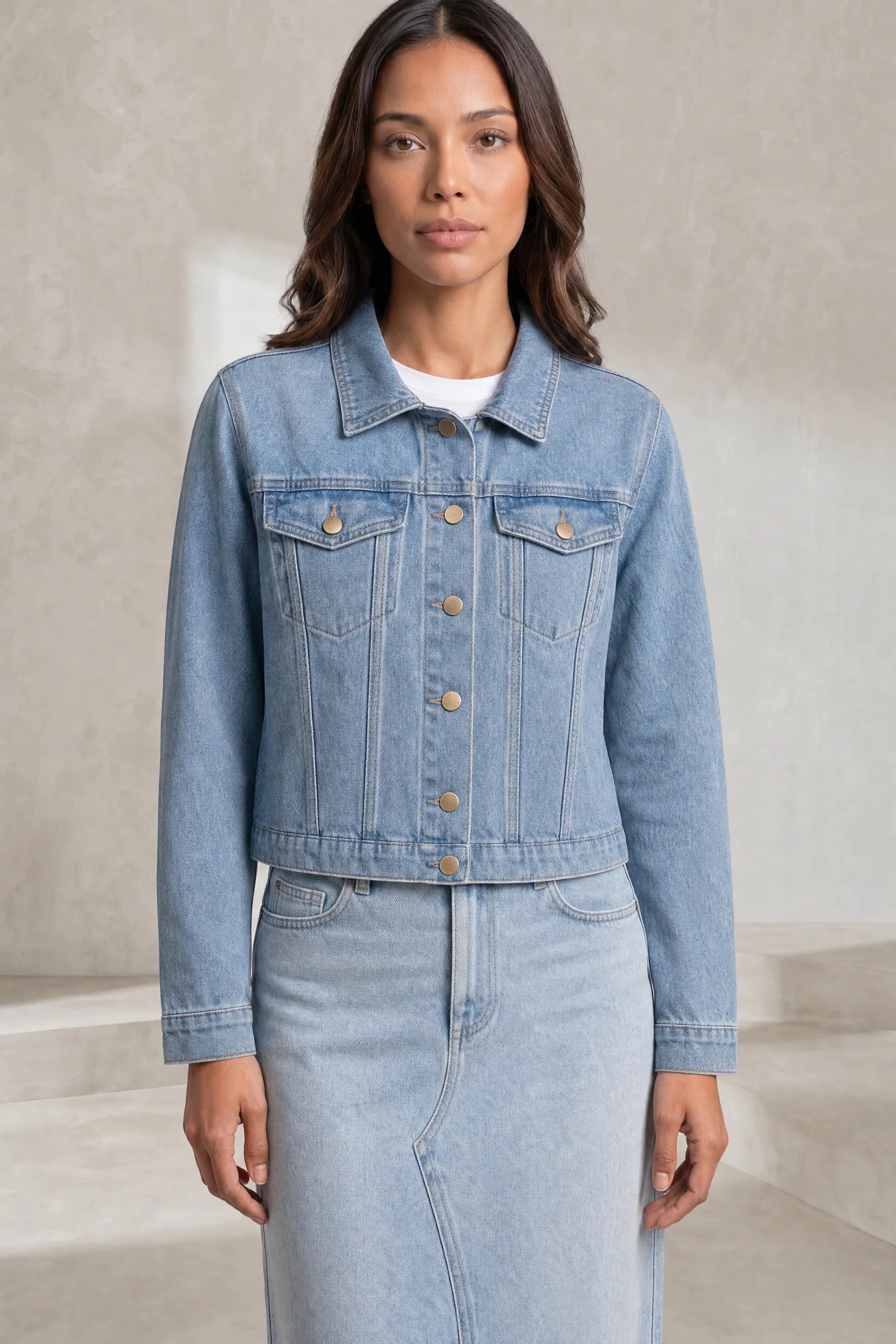 Ensemble veste jean et jupe midi | Lounelle Paris