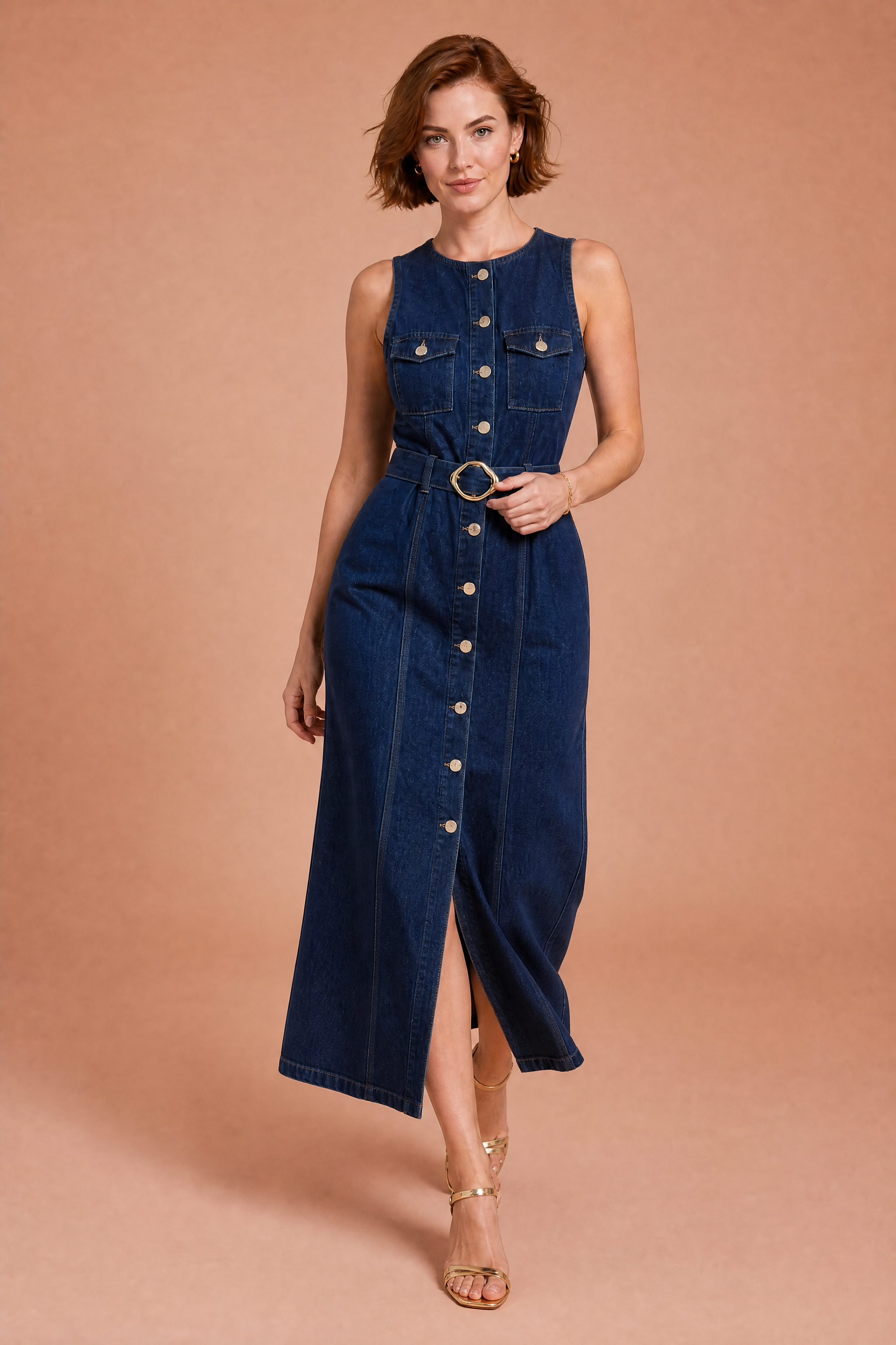 Robe longue bleu foncé sans manches | Vue en mouvement | Lounelle Paris