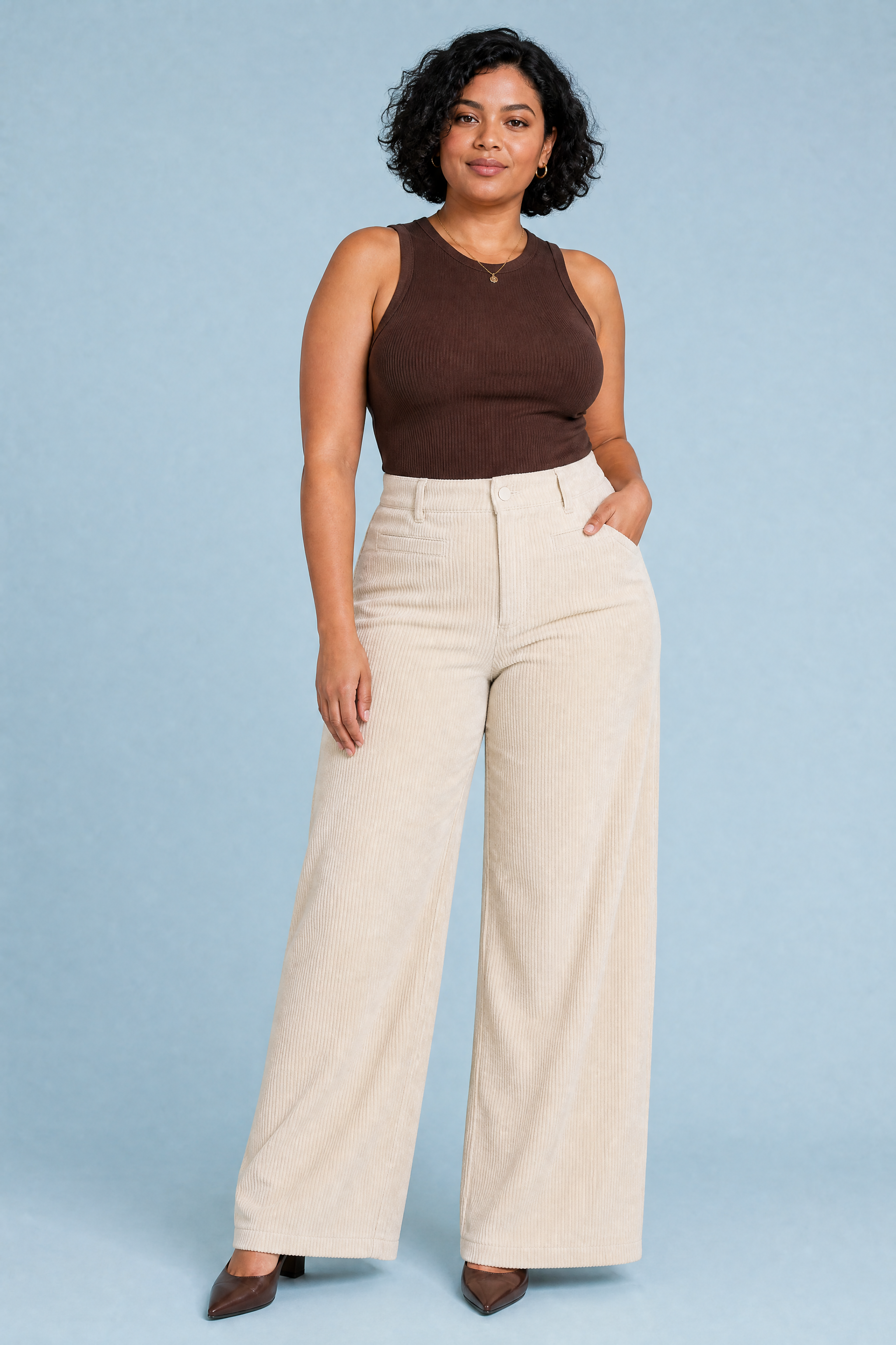 Pantalon large velours côtelé taille haute | Porté sur une autre silhouette | Lounelle Paris