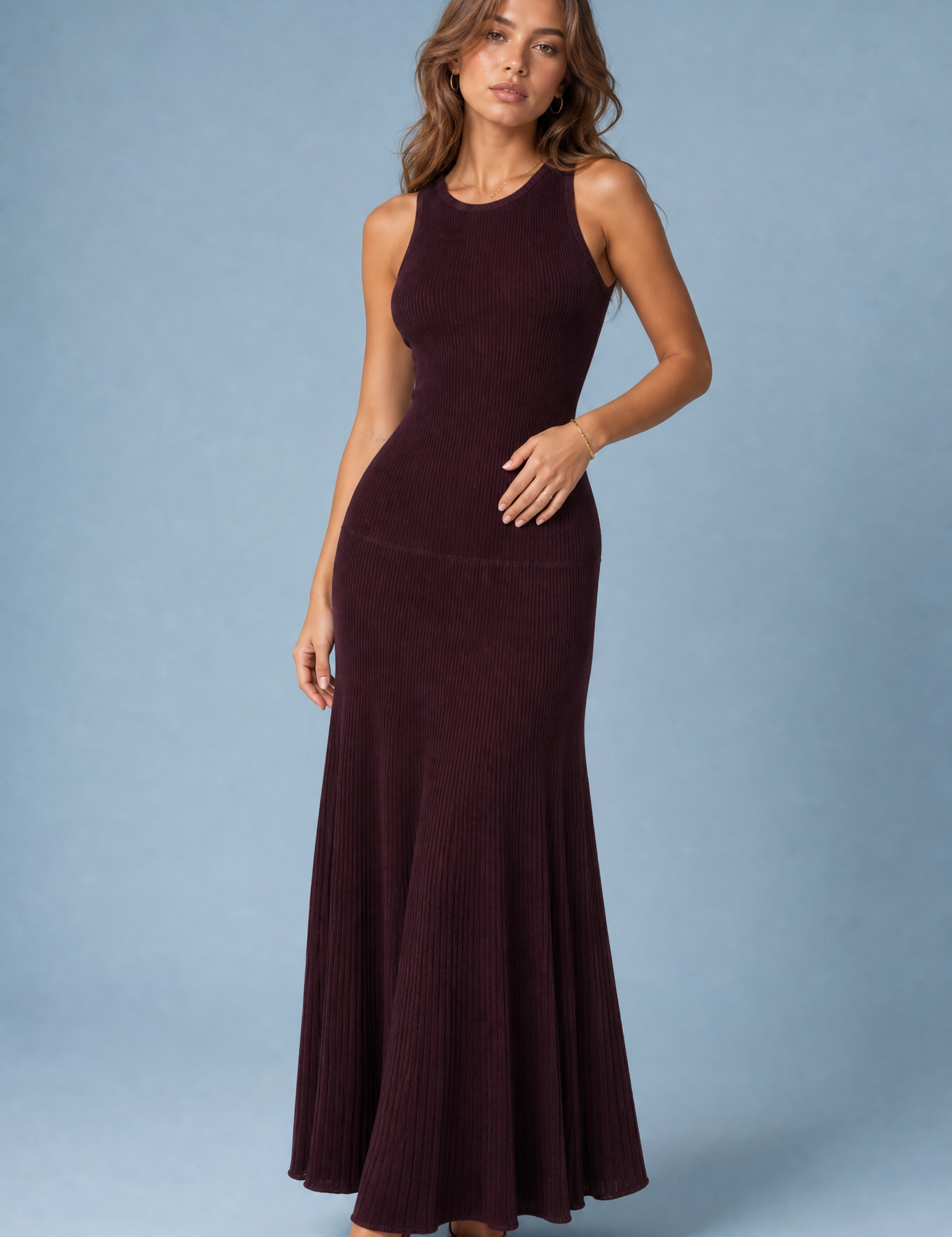 Robe longue bordeaux maille côtelée | Vue de face | Lounelle Paris