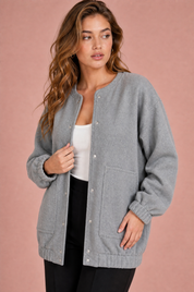 Veste grise mi-longue ample | Vue rapprochée | Lounelle Paris
