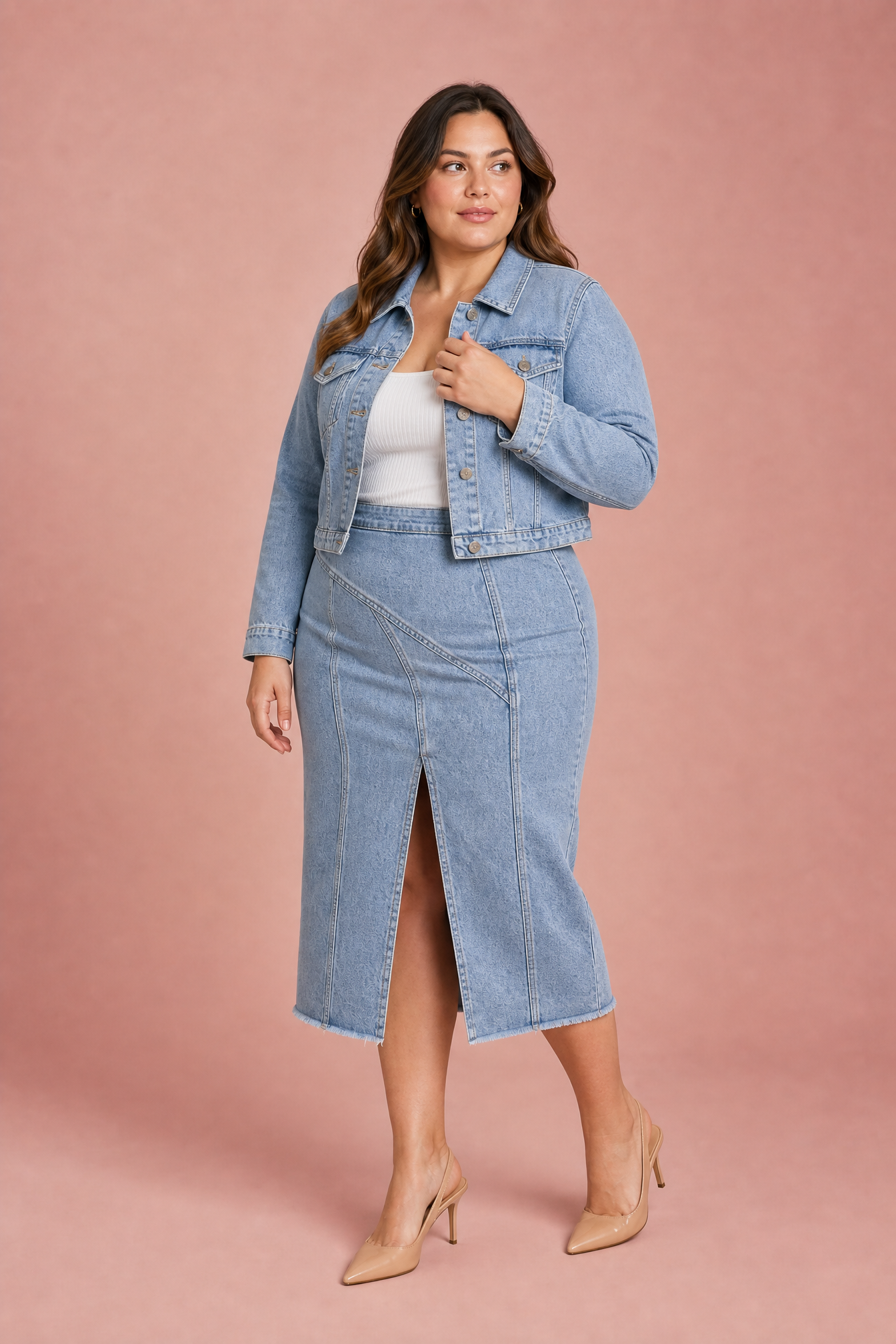 Ensemble veste jean et jupe midi | Porté sur une silhouette plus ronde | Lounelle Paris