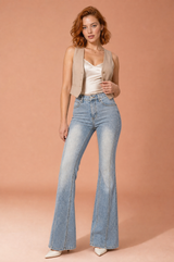 Jeans flare blu effetto slavato a vita alta