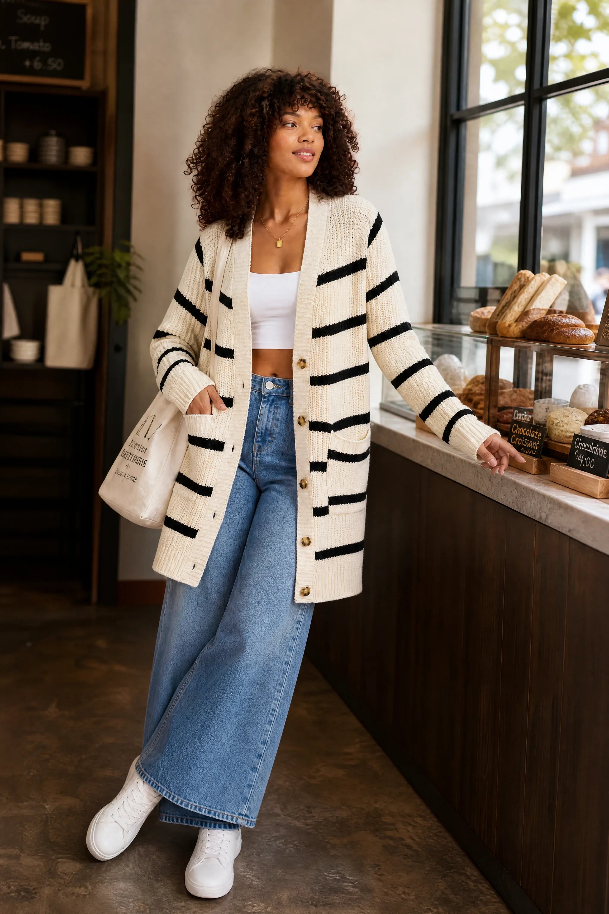 Gilet abricot rayé mi-long | Photo lifestyle | Lounelle Paris