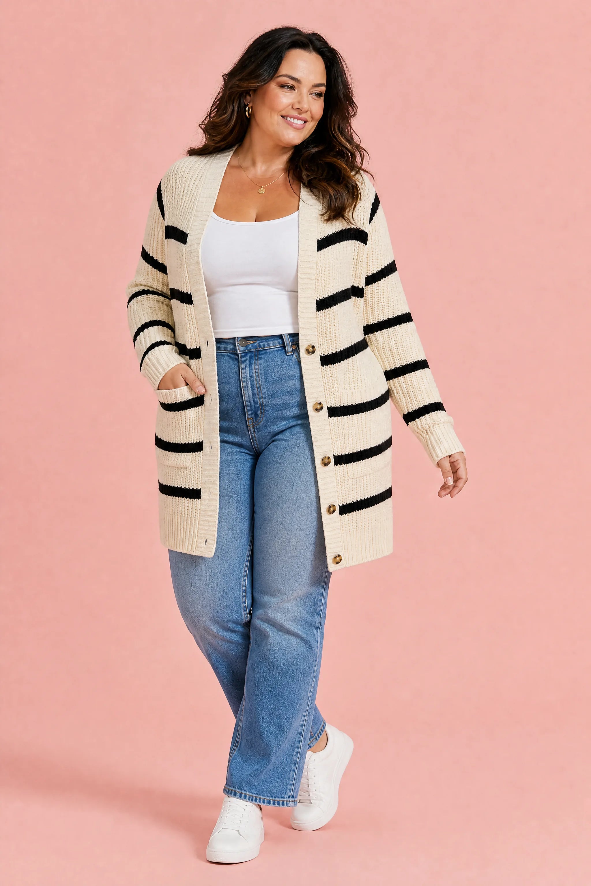 Gilet abricot rayé mi-long | Porté sur une autre silhouette | Lounelle Paris