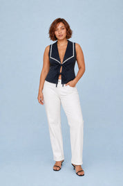 Gilet bleu marine à col tailleur | Porté sur une autre silhouette | Lounelle Paris