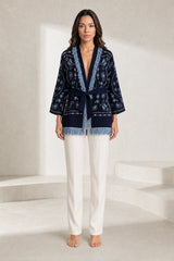 Gilet bleu marine col V franges