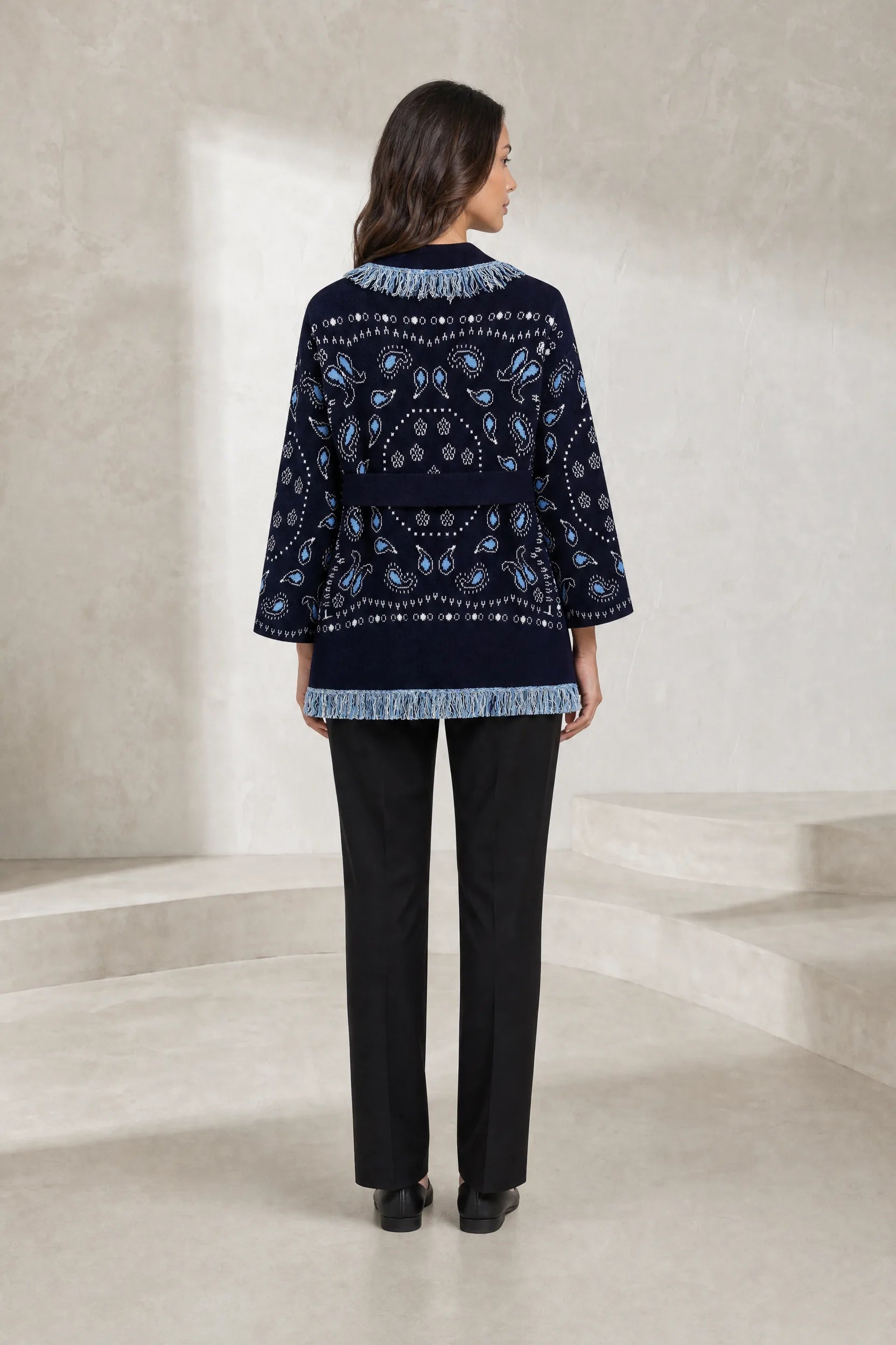 Gilet bleu marine col V franges | Lounelle Paris