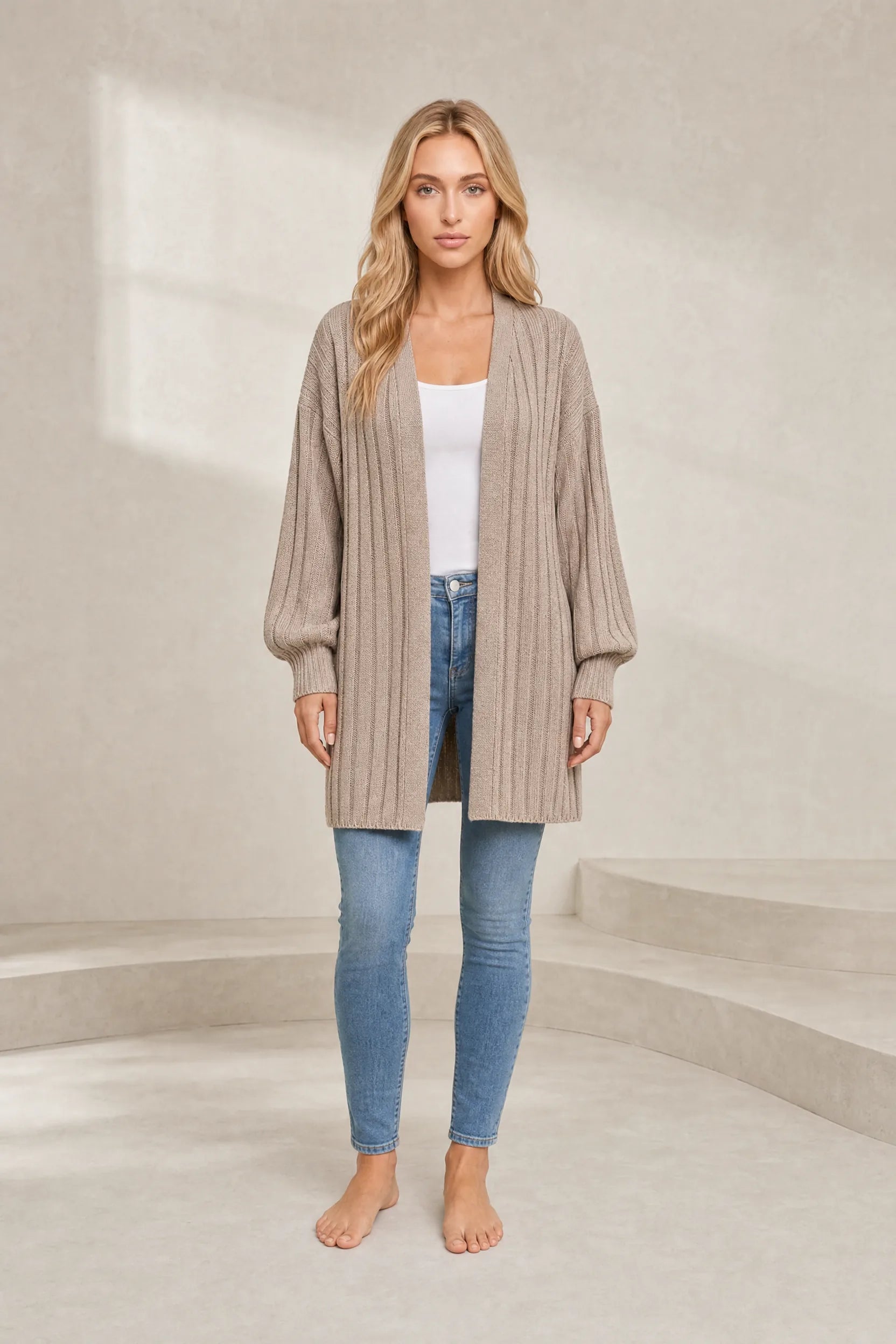 Gilet long beige manches bouffantes | Lounelle Paris