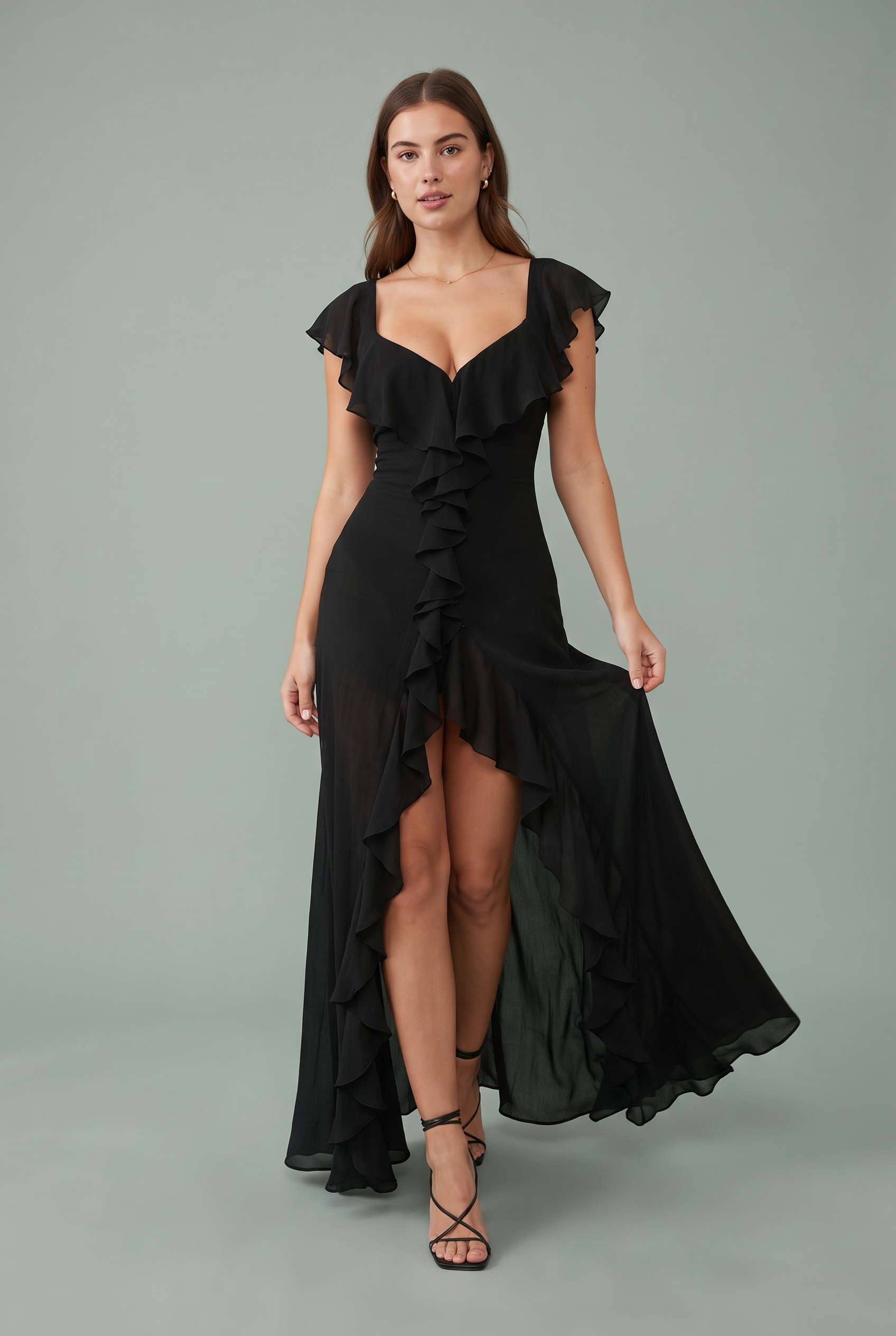 Robe longue fendue à volants | Vue de face | Lounelle Paris
