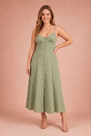 Robe longue verte à pois bretelles | Porté sur une autre silhouette | Lounelle Paris