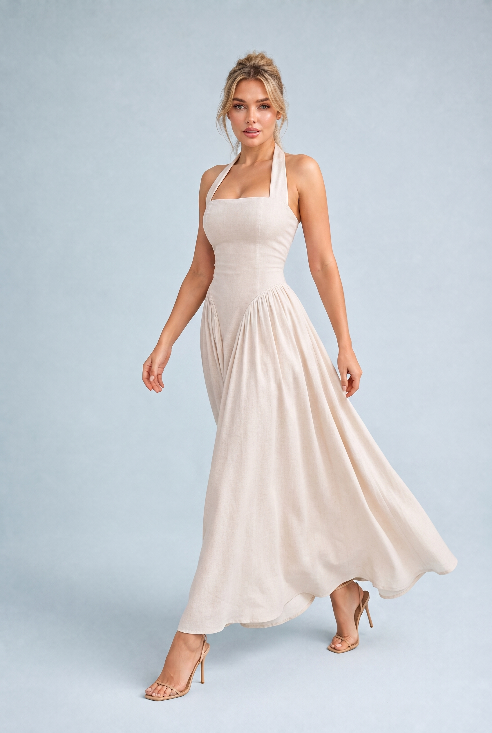 Robe longue abricot col licou dos nu | Vue en mouvement | Lounelle Paris
