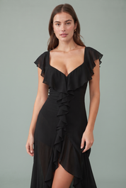 Robe longue fendue à volants | Vue rapprochée | Lounelle Paris