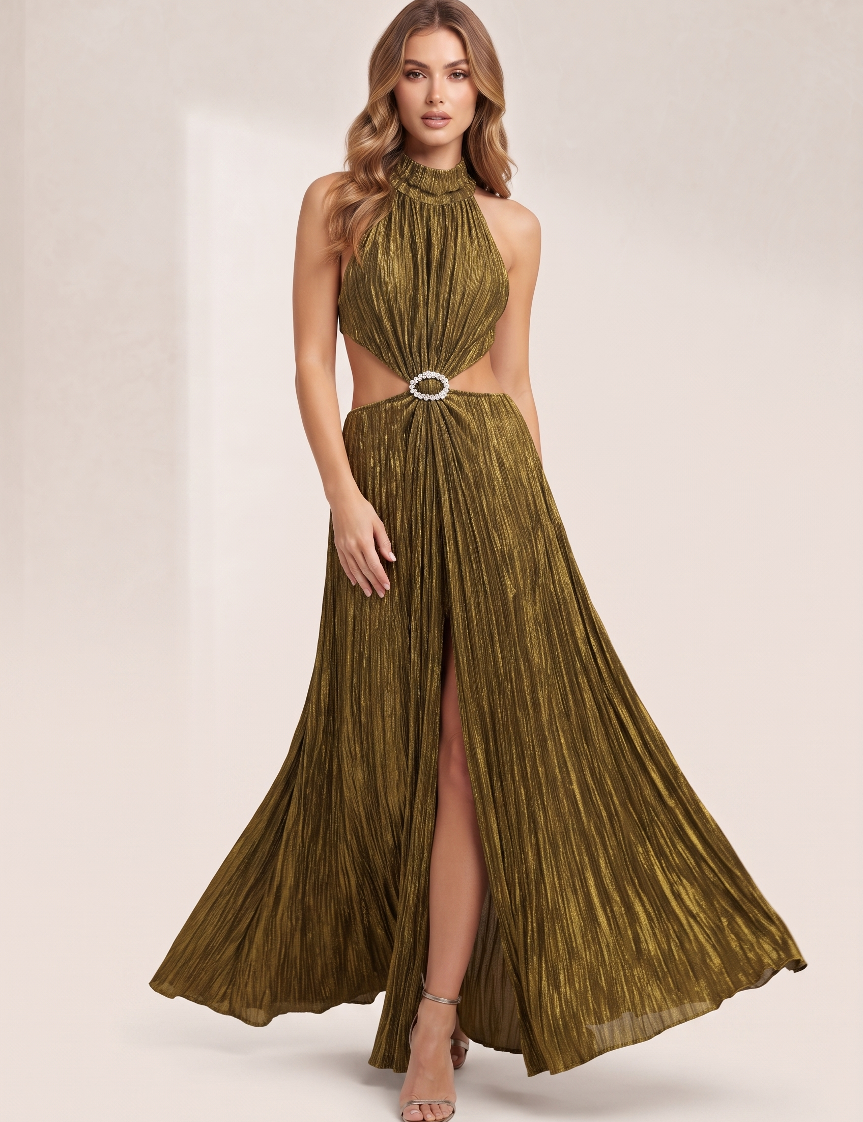 Robe longue or olive dos ouvert | Vue de face | Lounelle Paris