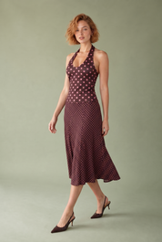 Ensemble marron à pois col halter | Vue en mouvement | Lounelle Paris