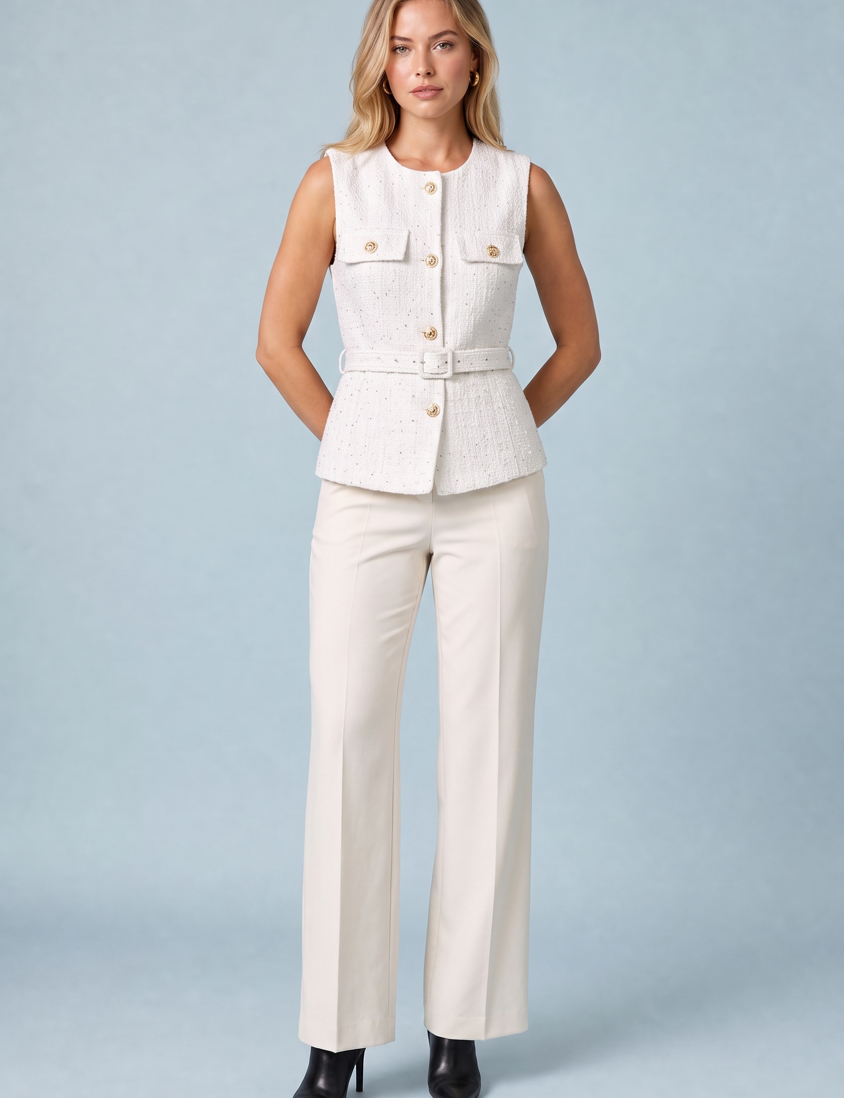 Gilet sans manches tweed ceinturé | Variante Blanc | Lounelle Paris