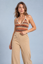 Combinaison beige col licou dos nu | Vue rapprochée | Lounelle Paris