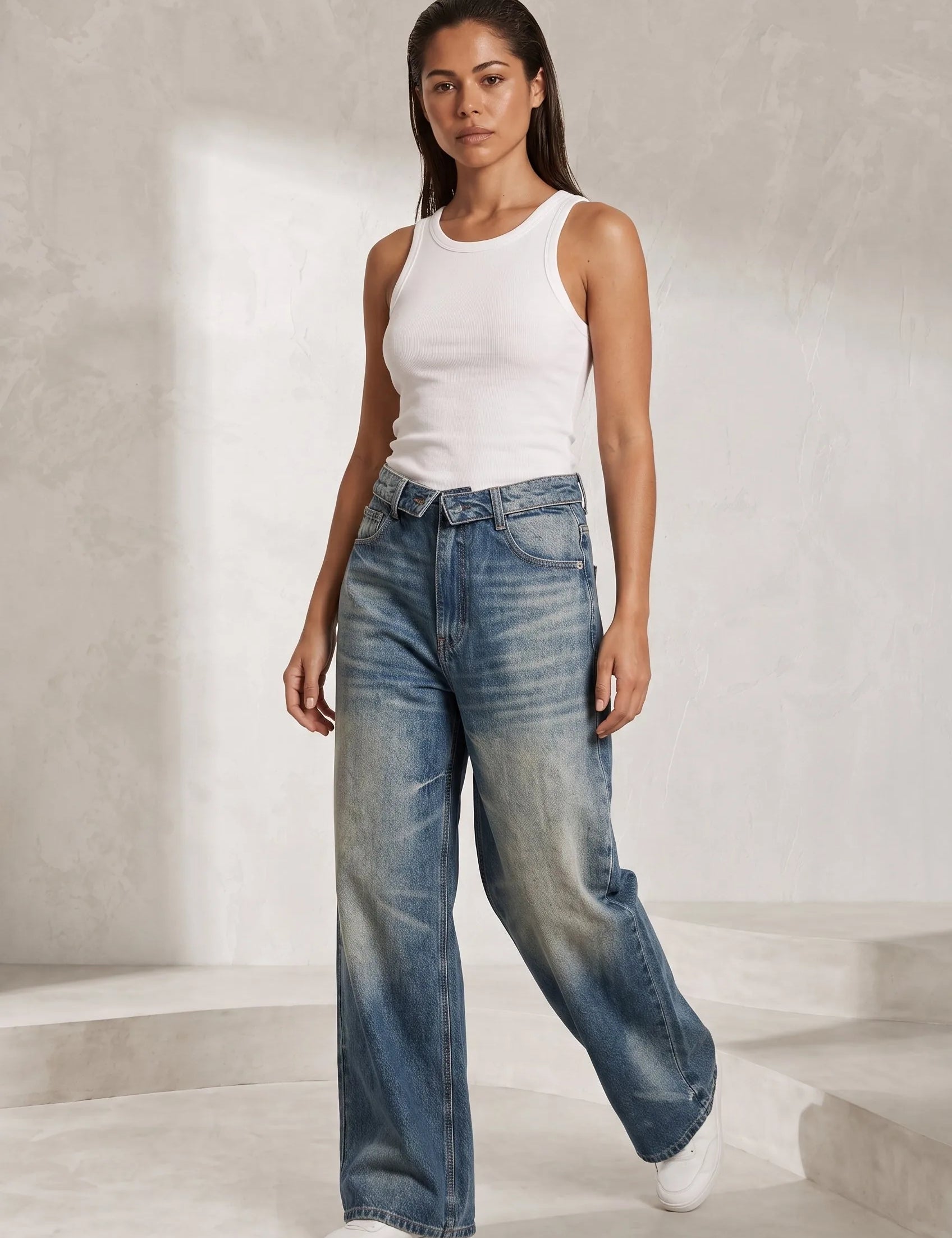Jean bleu ample taille rabattable | Lounelle Paris